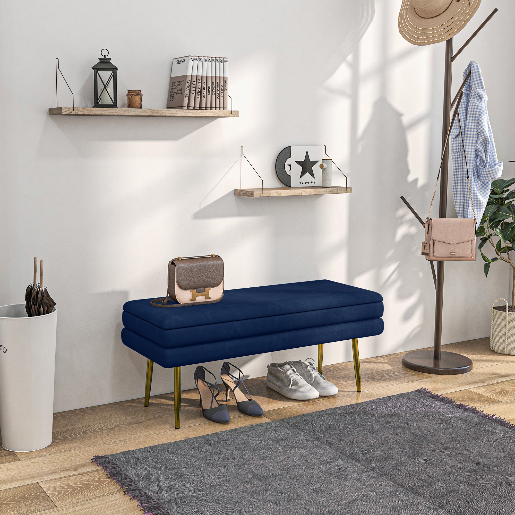 End of Bed Bench, Velvet-feel Upholstered Bench with Thick Padded Seat and Steel Legs, Modern Bedroom Bench, Dark Blue Storage Ottomans & Benches at Gallery Canada