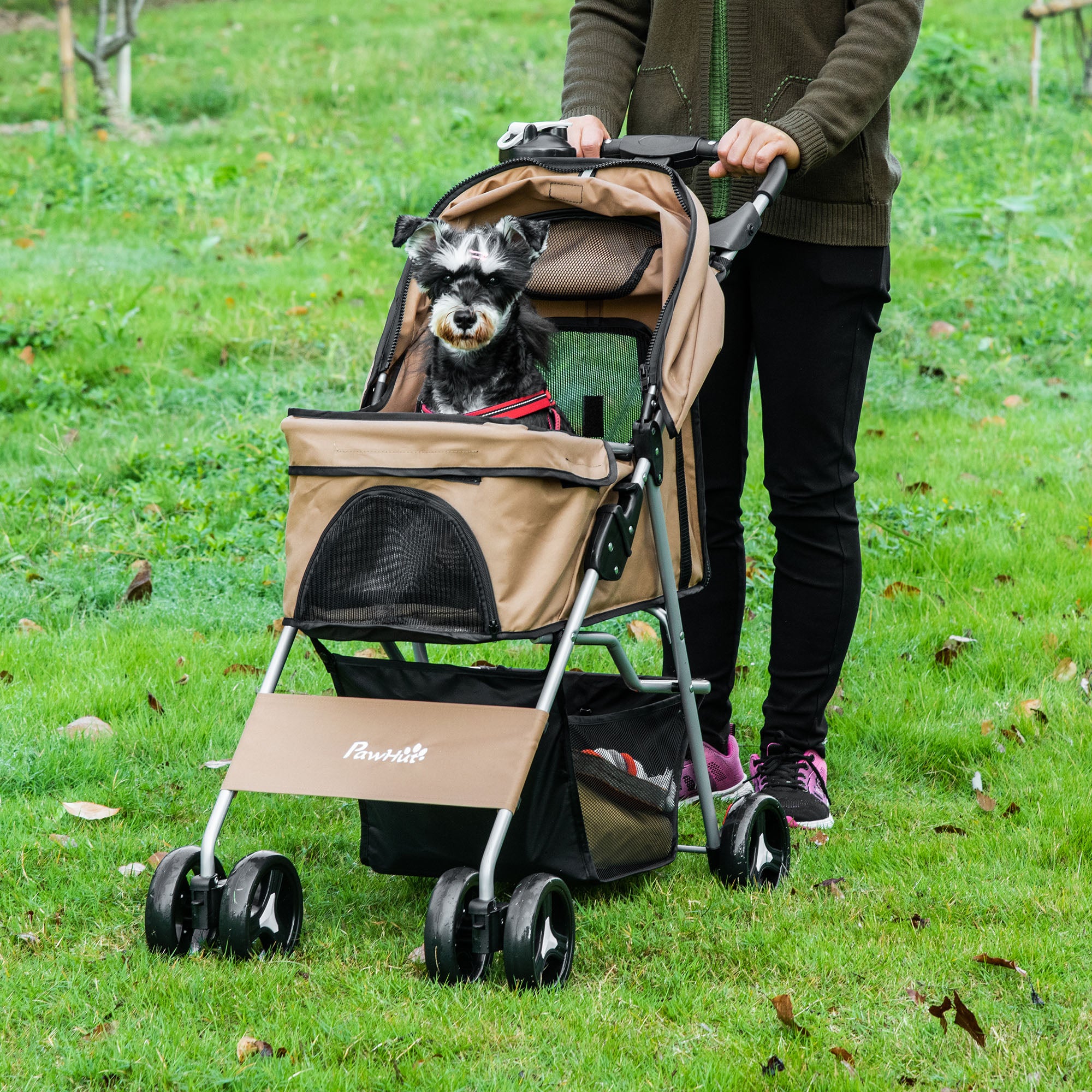 Pet Stroller Foldable Carrier for Cat, Dog and More 4 Wheels Travel Jogger with Cup Holder, Storage Basket, 360 ° swiveling front wheels, Easy Fold, Coffee Dog Bike Trailers & Strollers at Gallery Canada