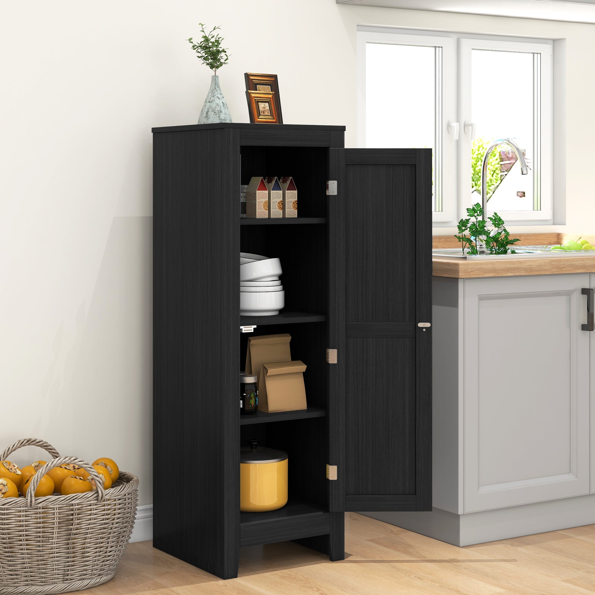 Modern Kitchen Pantry Storage Cabinet with Adjustable Shelf Small Storage Cabinet with Door and Shelves Black Kitchen Pantry Cabinets Black  at Gallery Canada