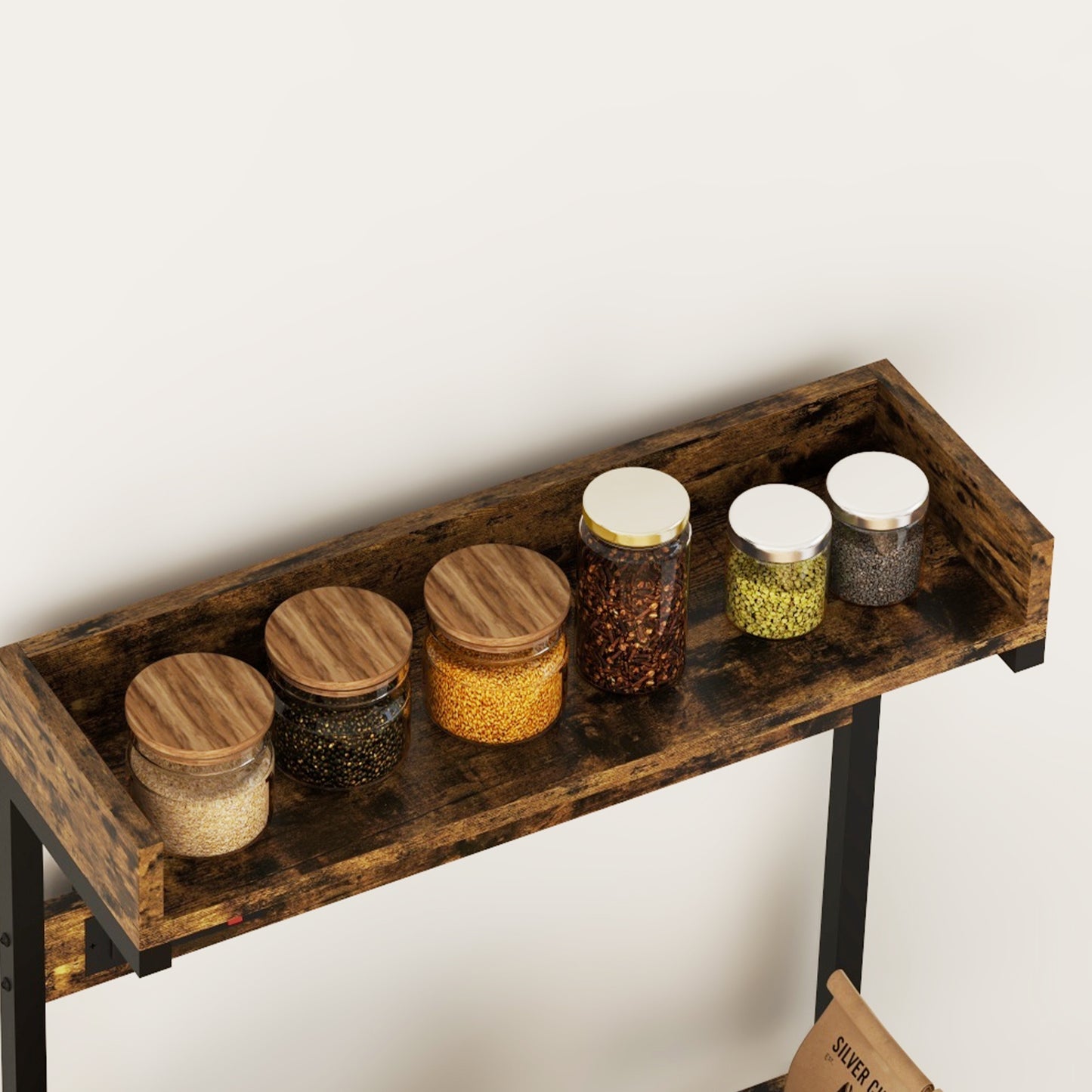 Kitchen Baker's Rack with Power Outlet, Coffee Bar Station with Adjustable Shelves and Hooks, Rustic Brown Bar Cabinets   at Gallery Canada