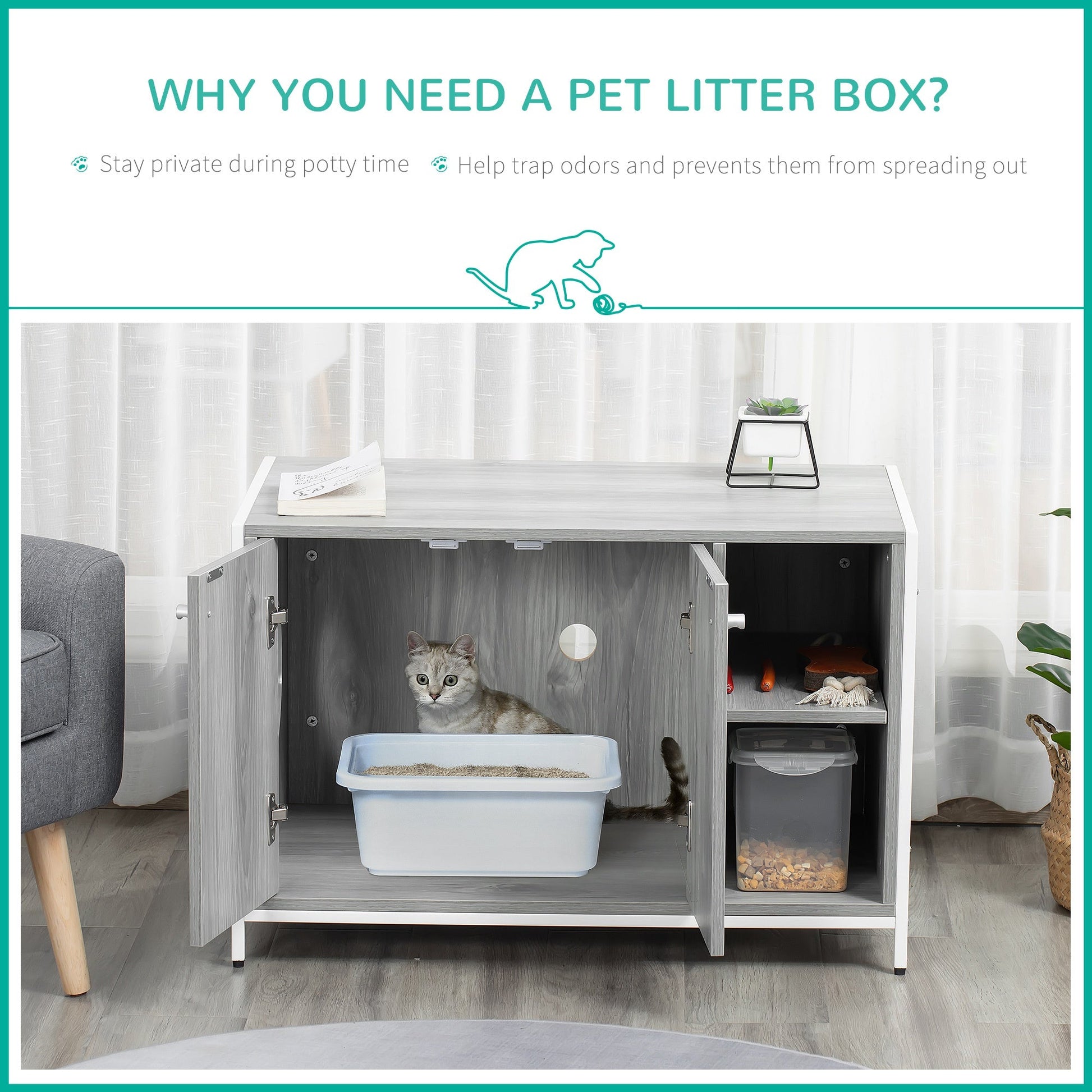 Double-Door Cat Litter Box Enclosure Cabinet with Storage, Grey Cat Litter Box Enclosures   at Gallery Canada