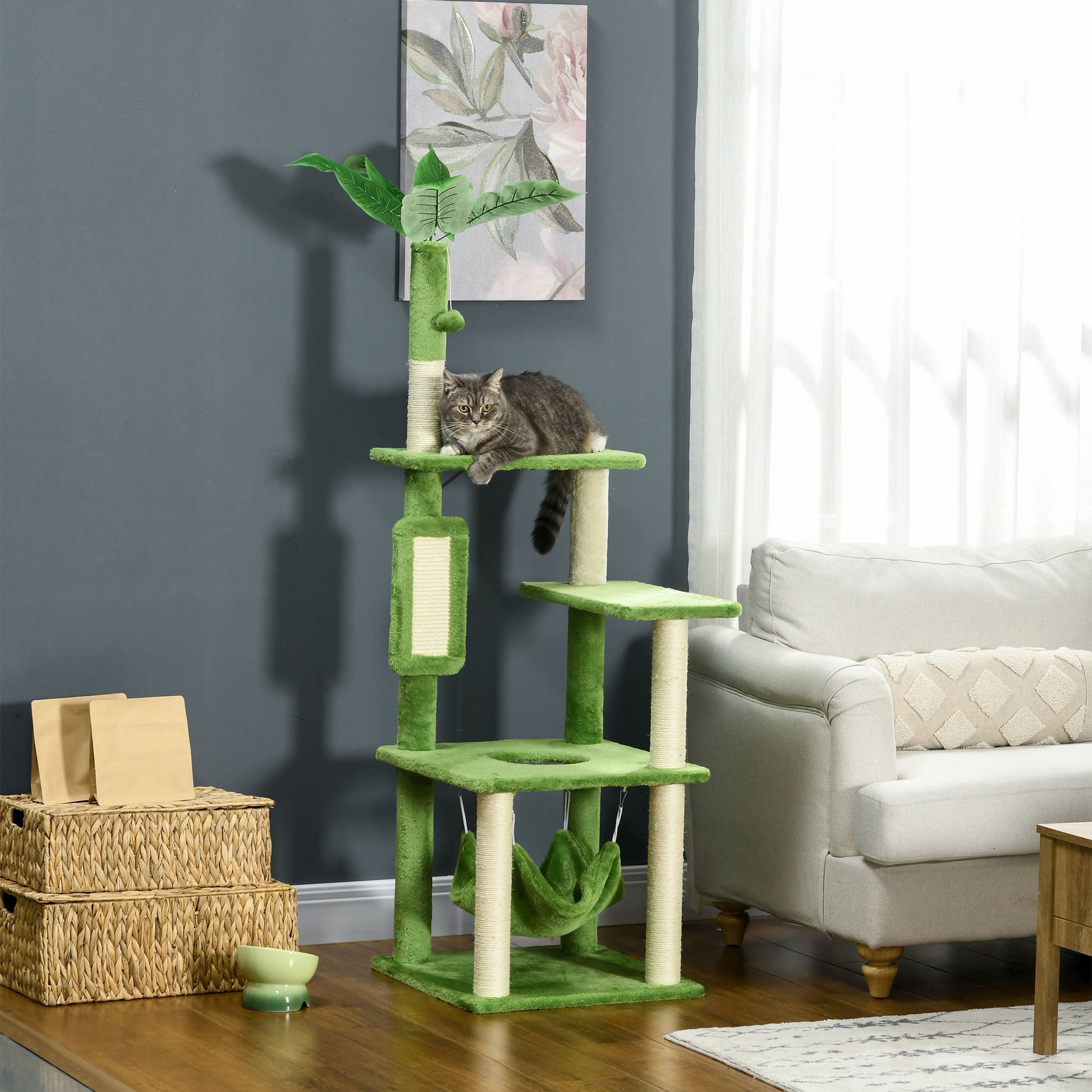 56" Cat Tree for Large Cats Adult with Hammock, Cat Tower with Scratching Post, Platforms, Play Ball and Anti-tipping Device, for Indoor Cats, Green Cat Towers   at Gallery Canada