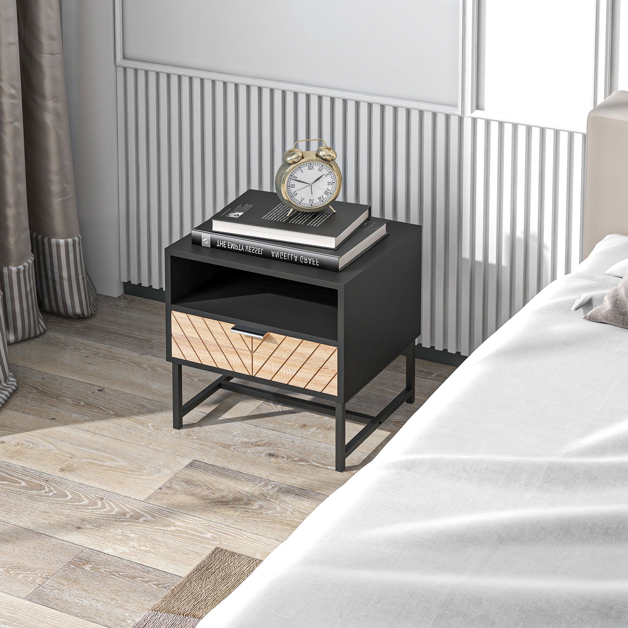Modern Bedside Table with Drawer, Nightstand with Storage Shelf, Sofa End Table for Bedroom, Black and Oak Bedside Tables at Gallery Canada
