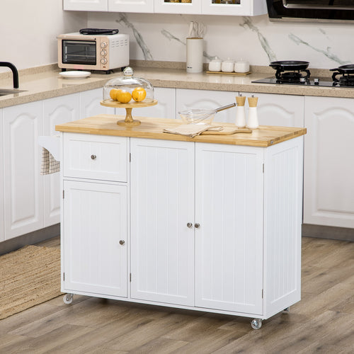 Rolling Kitchen Island with Storage, Utility Kitchen Island Cart with Drawer, Cabinets, Towel Rack and Rubber Wood Top