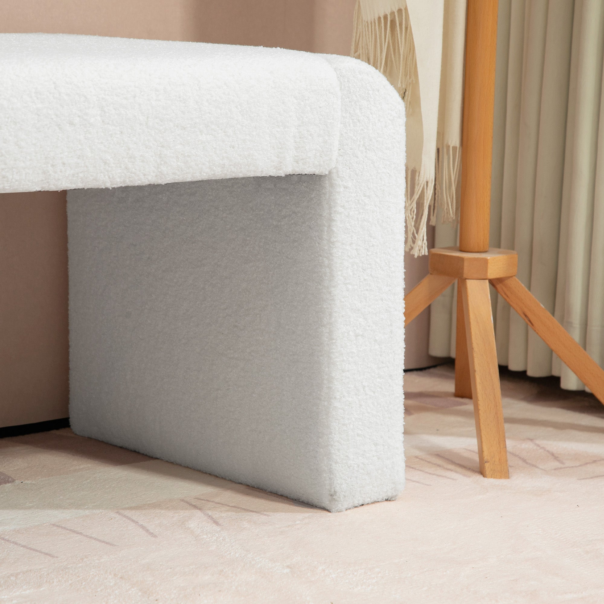 Upholstered Bedroom Bench, Boucle End of Bed Bench, Modern U-Shaped Entryway Bench, 47 x 18 x 18 Inches, White Storage Ottomans & Benches at Gallery Canada