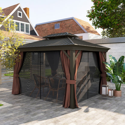 10' x 12' Outdoor Hardtop Gazebo with Galvanized Canopy &; Netting Sidewalls for Lawn, Backyard, Dark Brown Gazebos at Gallery Canada