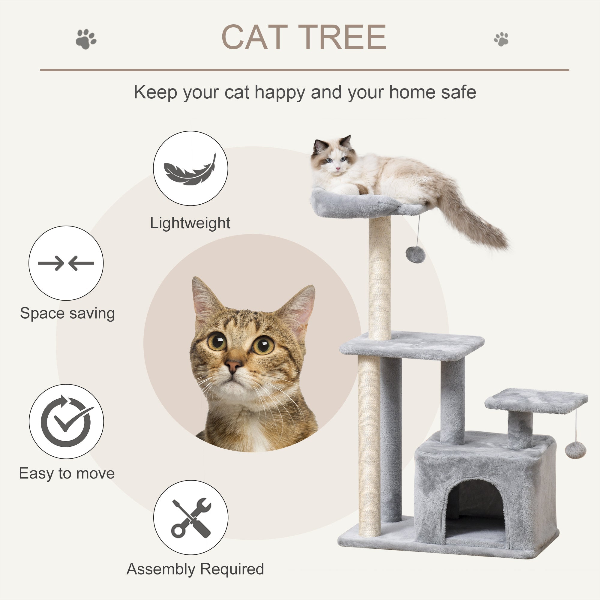 Cat Tree for Indoor Cats, Multi-Level Cat Condo with Sisal Scratching Post, Perch, Hanging Ball, Light Grey Cat Towers   at Gallery Canada