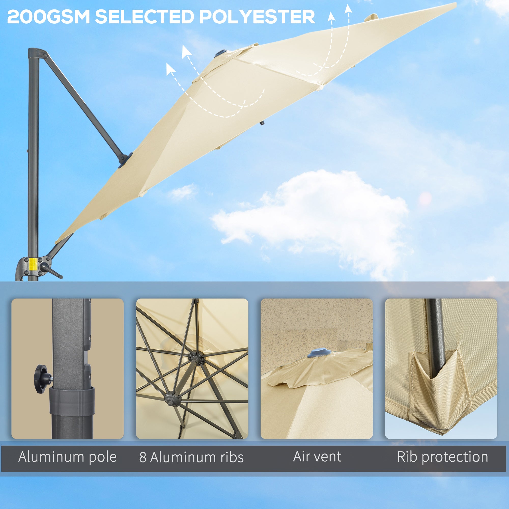 9.6' Cantilever Patio Umbrella Outdoor Hanging Offset Umbrella with Cross Base 360° Rotation Aluminum Poles Cream White Offset Cantilever Umbrellas   at Gallery Canada