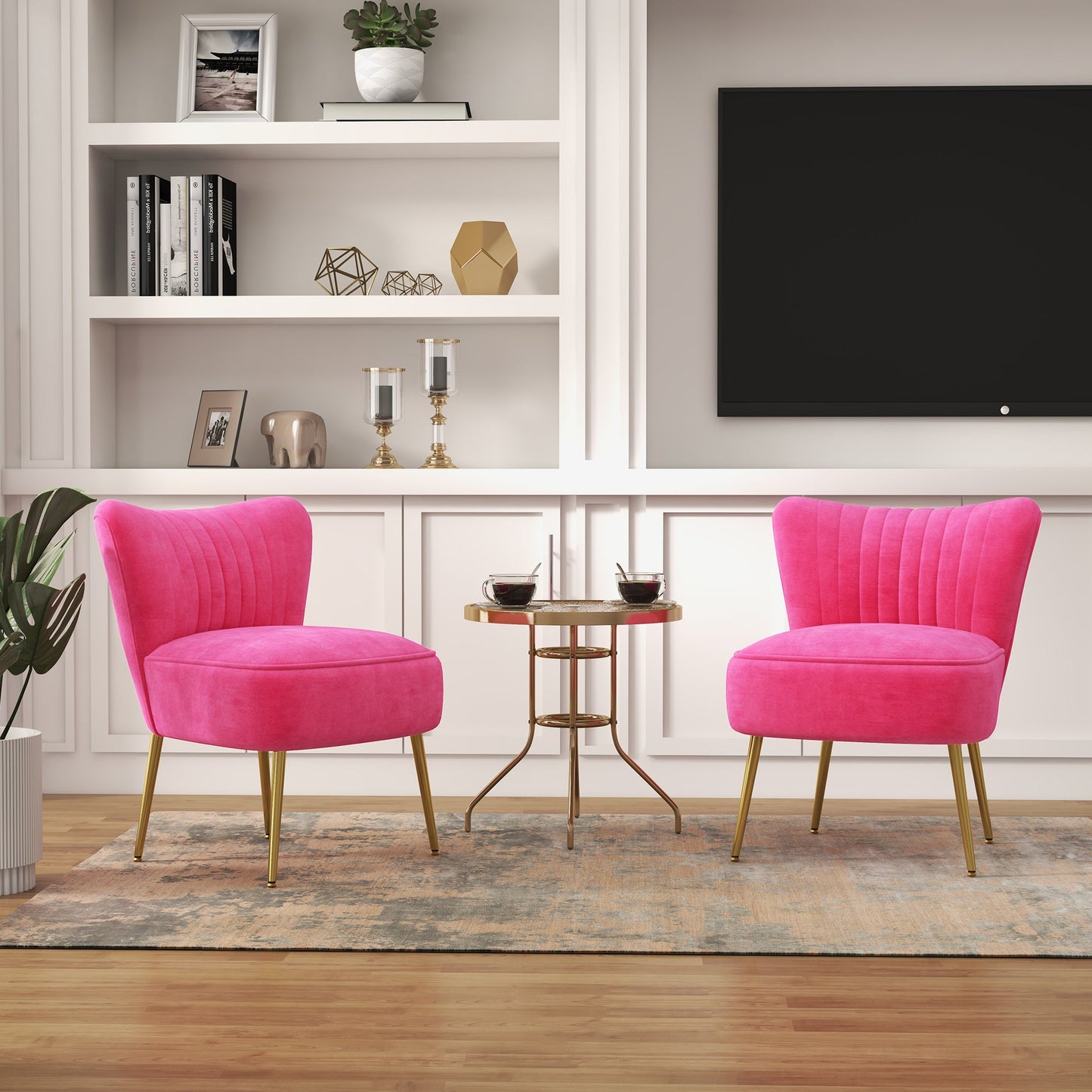 Velvet Lounge Chairs Set of 2, Modern Accent Chairs for Living Room with Gold Steel Legs and Tufting Backrest, Pink Accent Chairs   at Gallery Canada