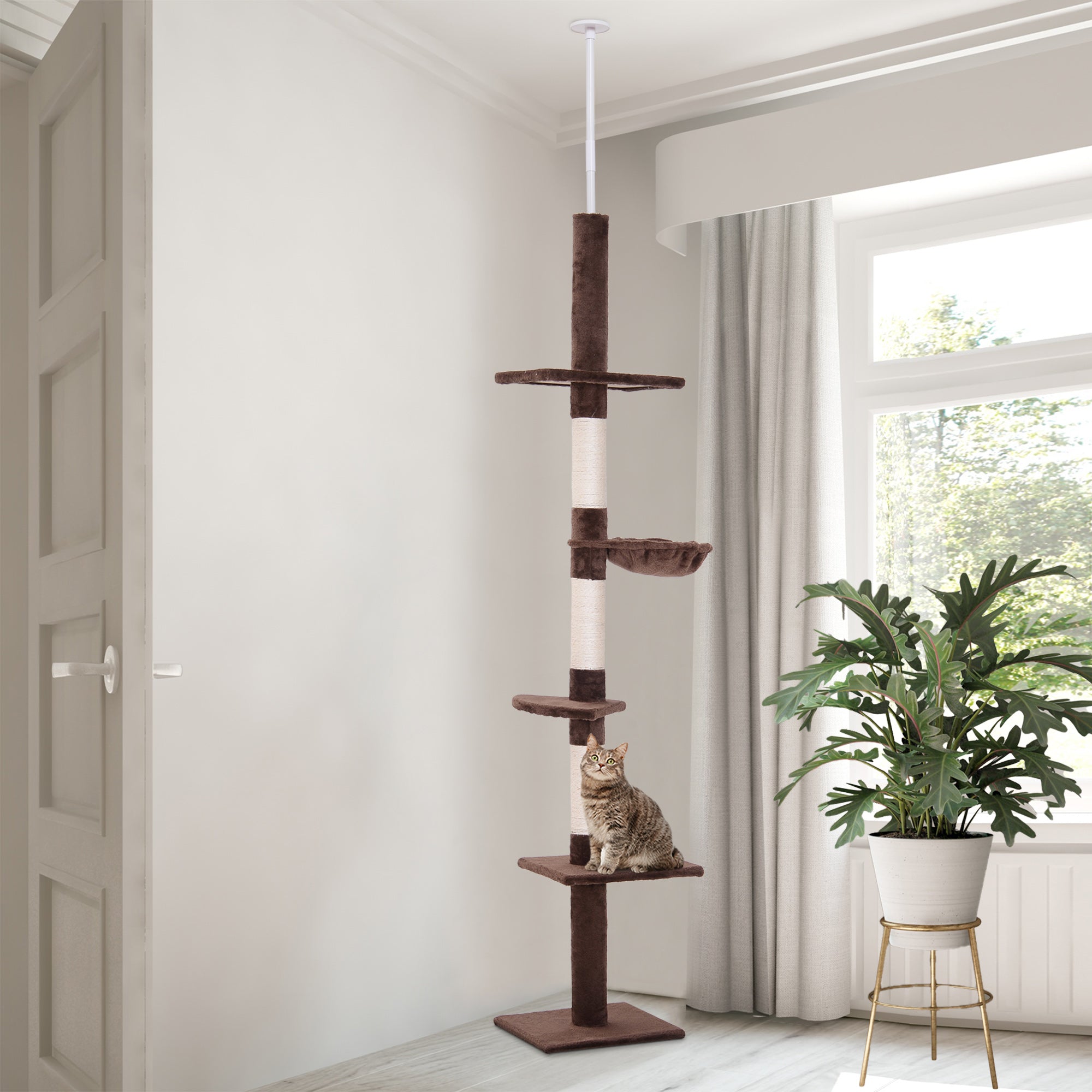 8.5ft Cat Climbing Tree 5-Tier Kitty Activity Center with Scratching Post Brown and White Floor to Ceiling Cat Trees   at Gallery Canada