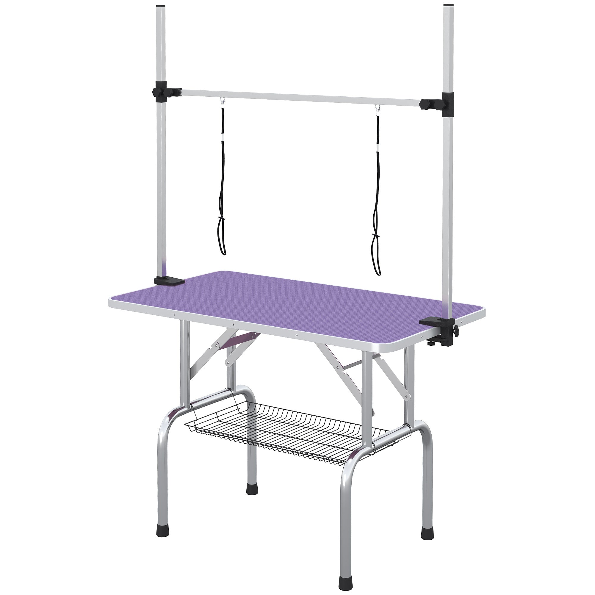 Adjustable Dog Grooming Table with 2 Safety Slings, Storage Basket, Purple Dog Grooming Tables Purple at Gallery Canada