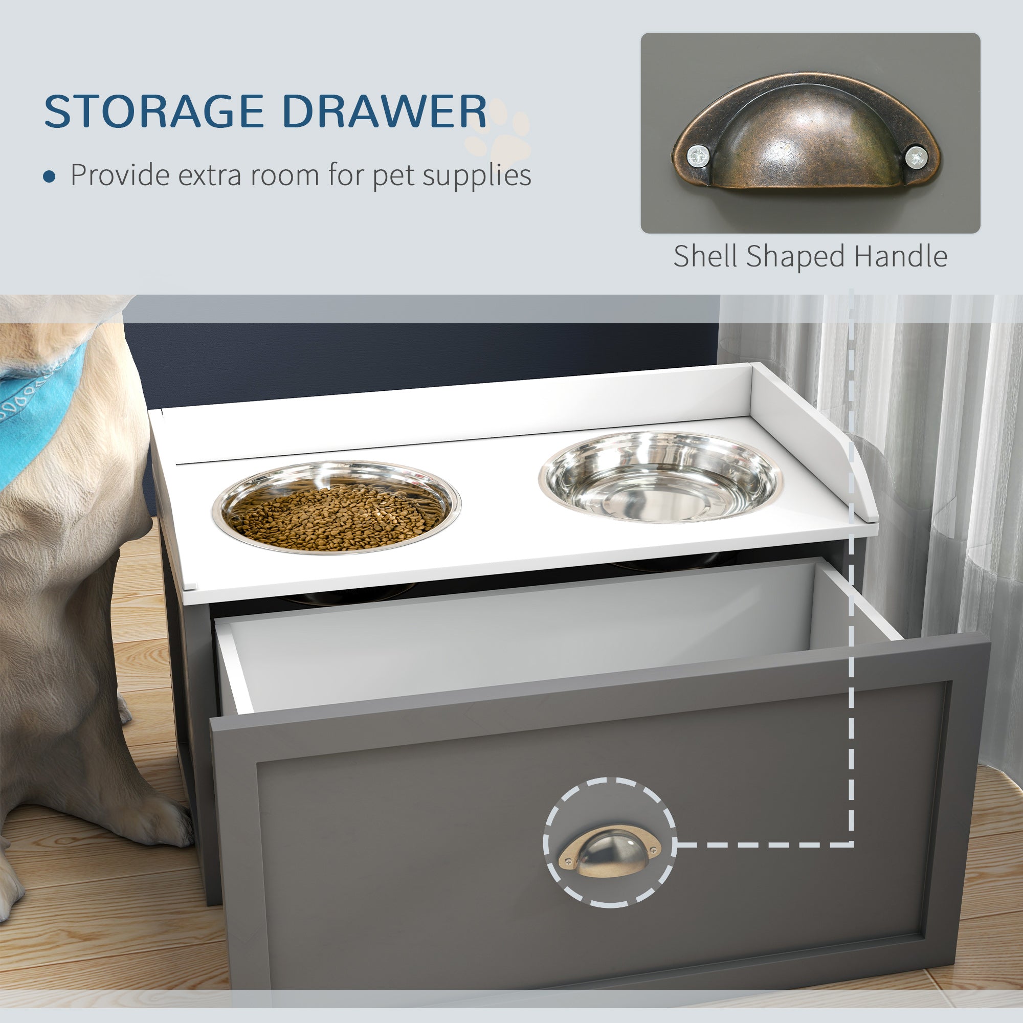 Large Elevated Dog Bowls with Storage Drawer, Raised Pet Feeding Station with 2 Stainless Steel Bowls, Grey Dog Bowls at Gallery Canada