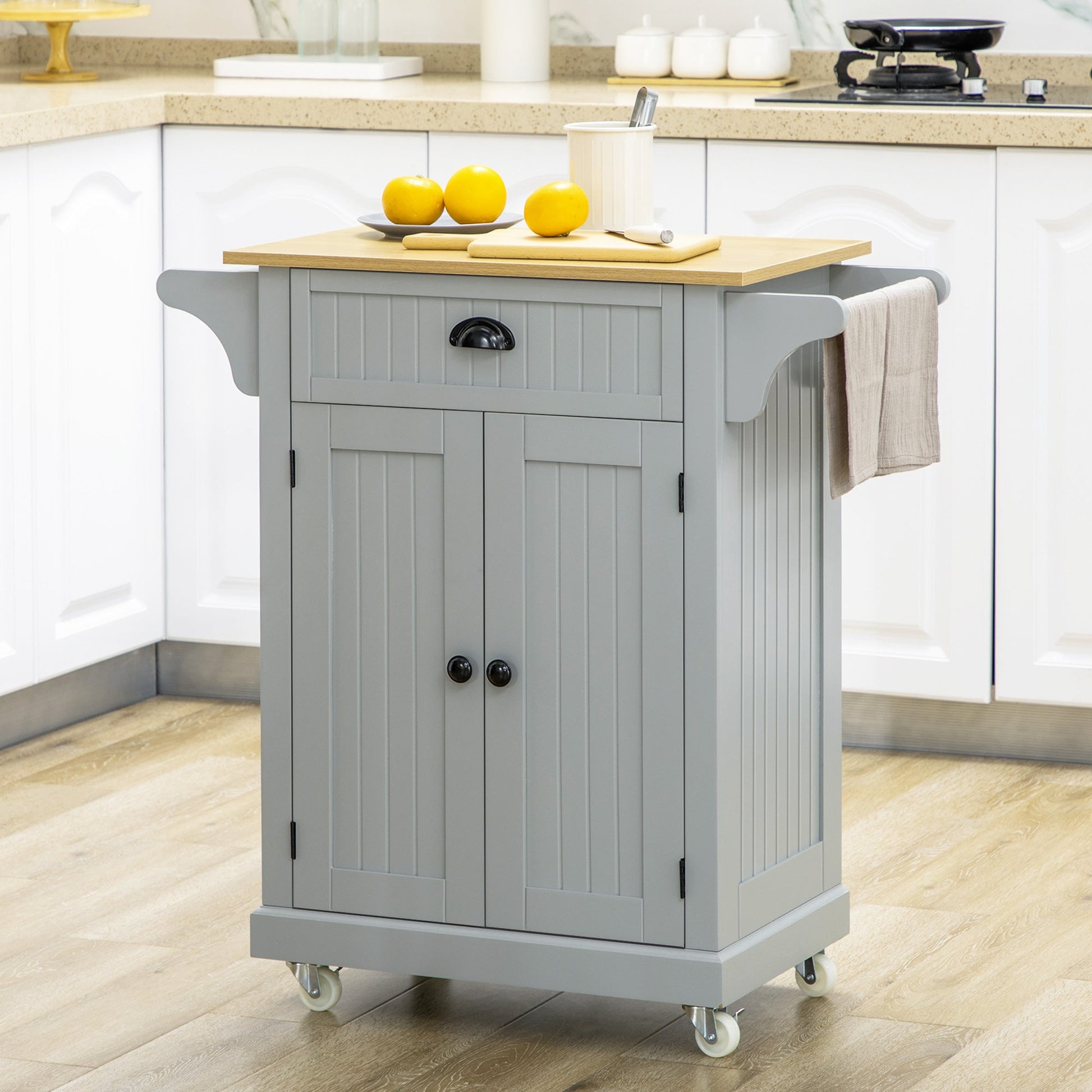 Rolling Kitchen Cart on Wheels, Utility Bar Cart with Drawer, 2 Towel Racks and Adjustable Shelf, Gray Kitchen Islands & Kitchen Carts   at Gallery Canada