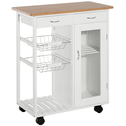 34" Rolling Wood Kitchen Trolley Serving Cart with Drawer and Cabinet Wheeled Kitchen Storage Island White with Bamboo Top Kitchen Islands & Kitchen Carts Multi Colour  at Gallery Canada