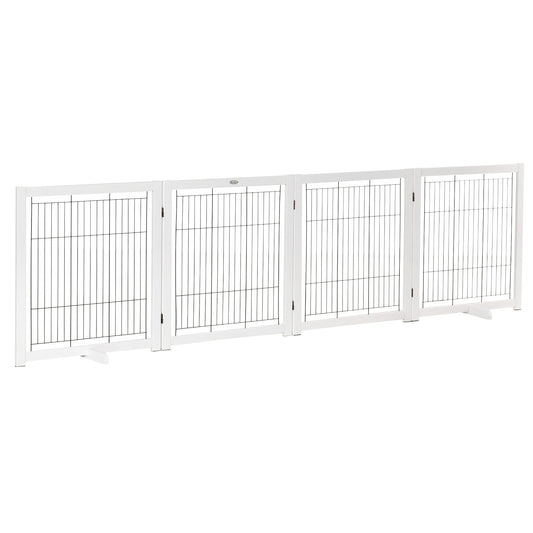Wooden Dog Gate Foldable Pet Fence for Small &; Medium Dogs 4 Panel with Support Feet Freestanding Safety Barrier for House Doorway Stairs White - Gallery Canada