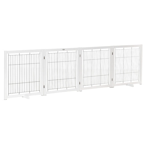 Wooden Dog Gate Foldable Pet Fence for Small &; Medium Dogs 4 Panel with Support Feet Freestanding Safety Barrier for House Doorway Stairs White