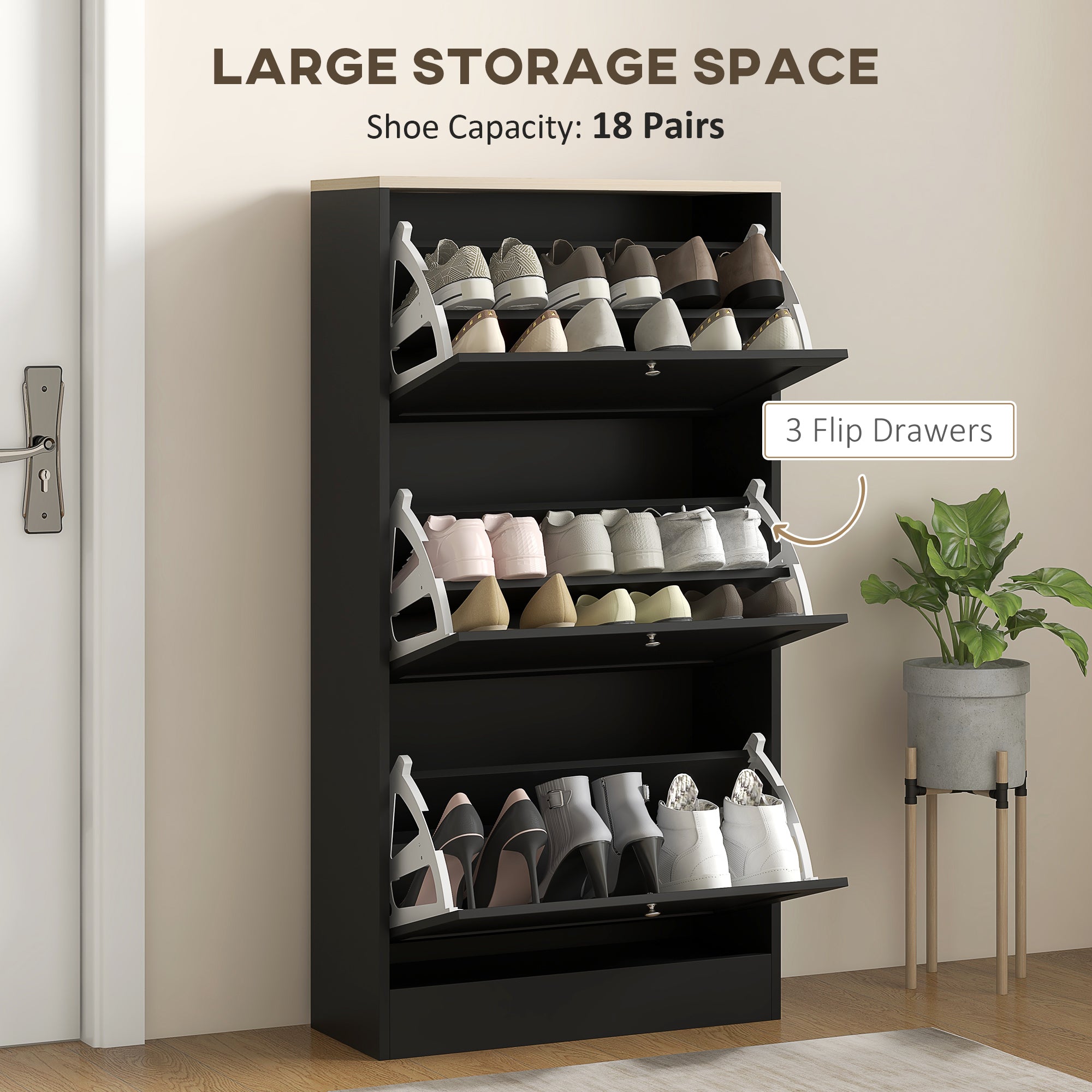 Modern Shoe Storage with 3 Flip Drawers and Adjustable Shelves, Shoe Cabinet Organizer for 18 Pairs of Shoes, Black Shoe Storage Cabinets & Racks   at Gallery Canada