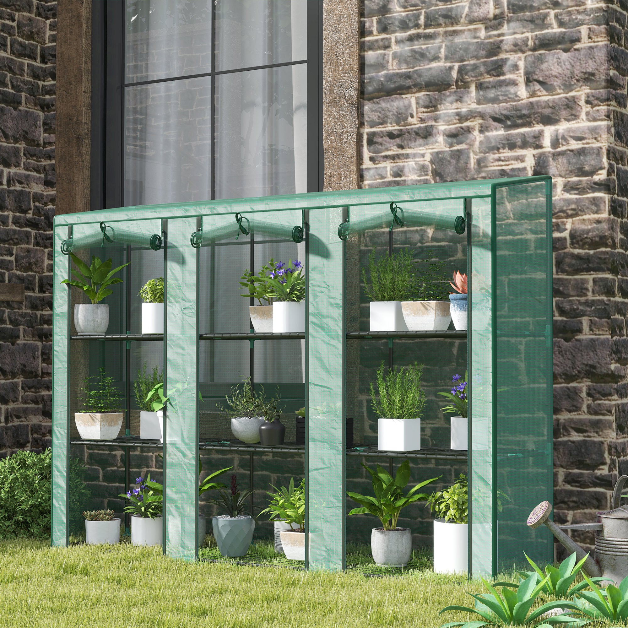 Lean-to Greenhouse with 3 Tier Shelves, Mini Greenhouse with 3 Roll-Up Doors for Indoor Outdoor, Green Greenhouses at Gallery Canada