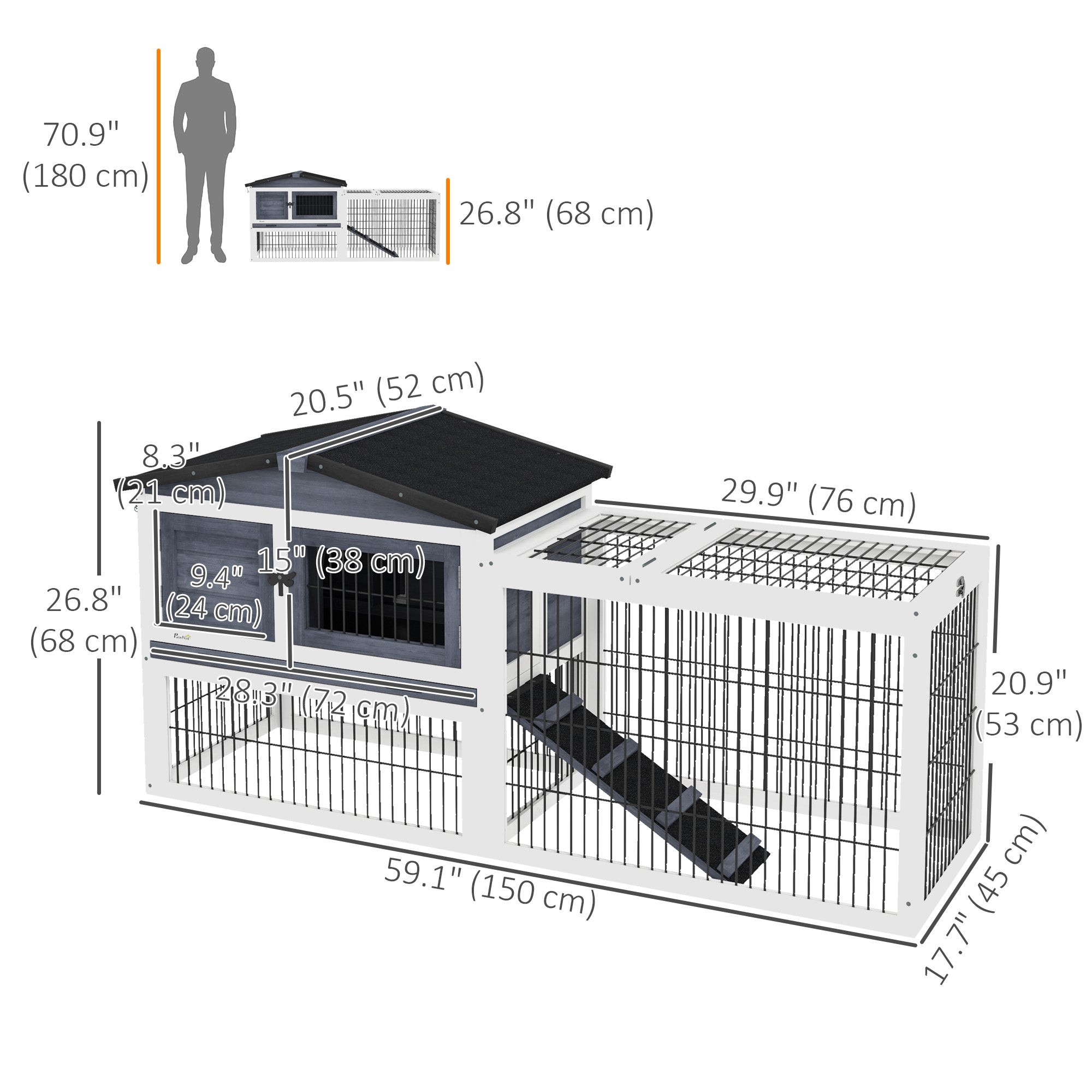 Wood Rabbit Hutch w/ Ramp, Openable Roof, Pull-out Tray, Dark Grey Rabbit Hutch at Gallery Canada