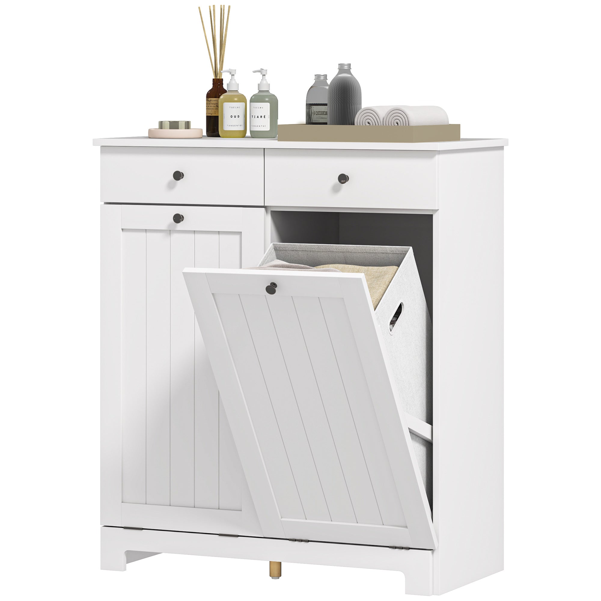 Laundry Cabinet, Tilt Out Laundry Hamper Cabinet with 2 Baskets, Bathroom Hamper Cabinet with 2 Drawers, White Bathroom Cabinets White at Gallery Canada