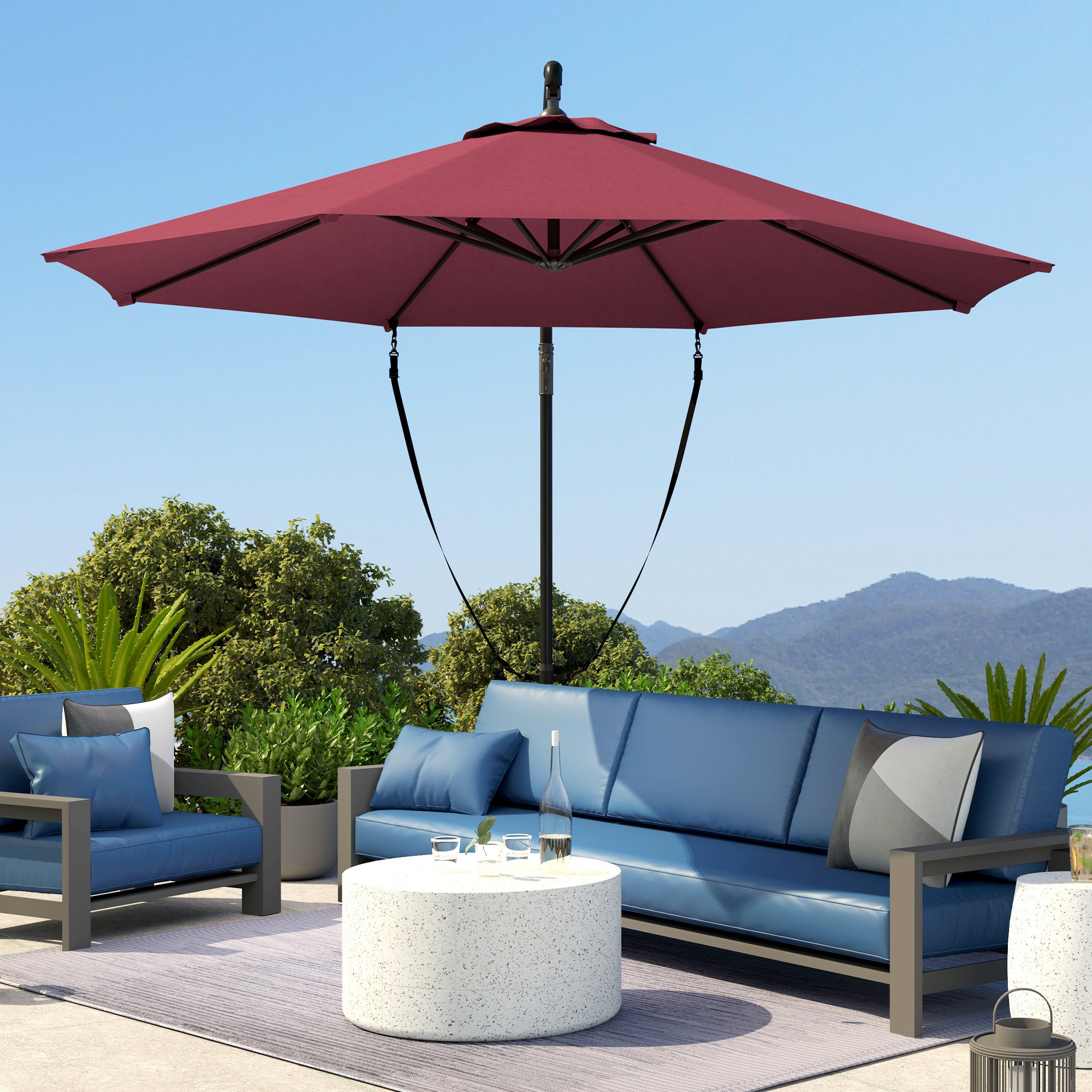 9.5' Cantilever Umbrella with Wind Protection Strap and Cover, Hanging Umbrella with Crank and Cross Base, UPF 50+, Red Offset Cantilever Umbrellas at Gallery Canada