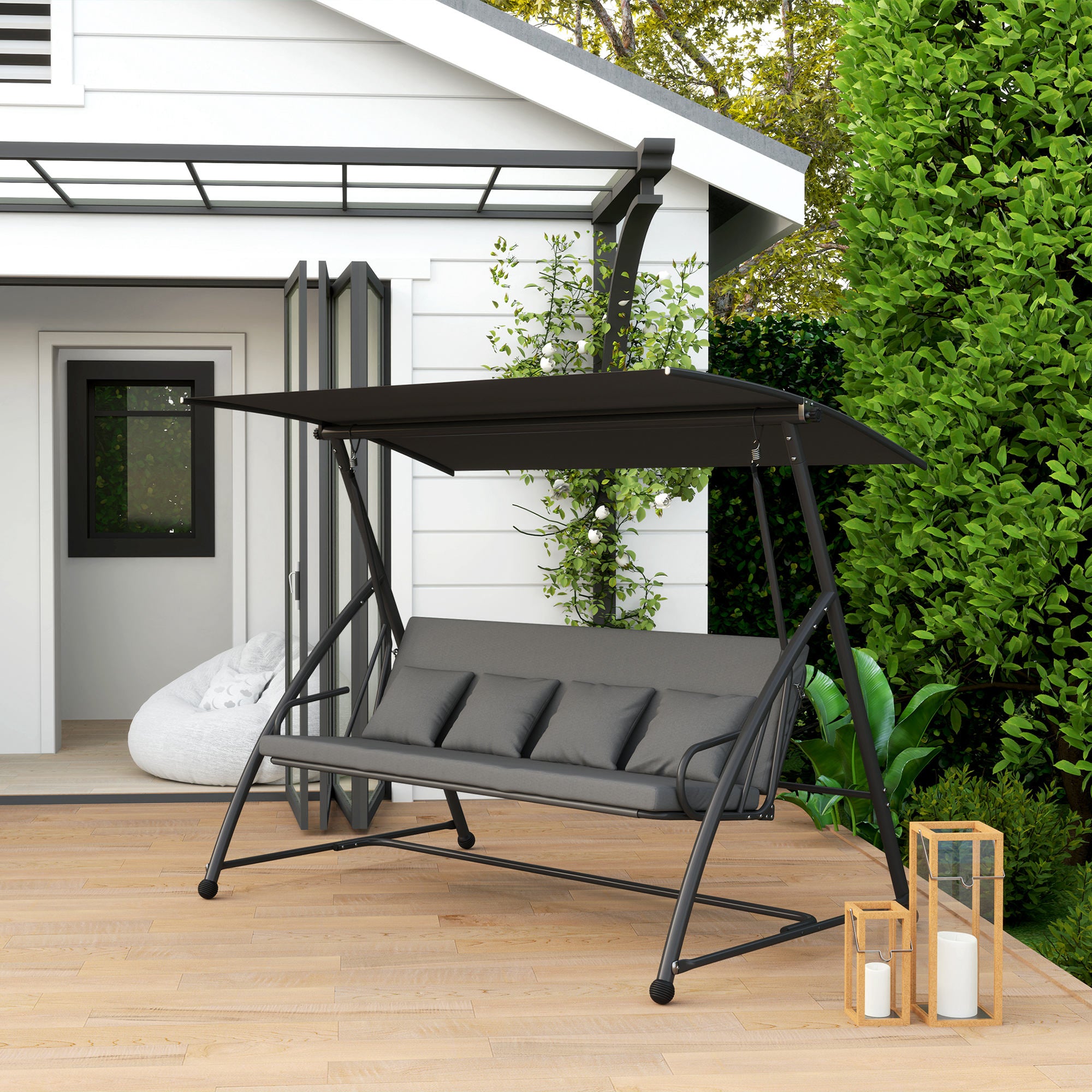Patio Swing Chair, 3 Person Convertible Hammock, Outdoor Swing Lounge Bed, Cushioned with Tilt Canopy, Dark Grey Porch Swings with Canopy at Gallery Canada
