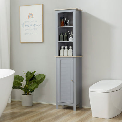 Bathroom Floor Storage Cabinet with 3 Tier Shelf and Cupboard with Door, Free Standing Linen Tower, Tall Slim Side Organizer Shelves, Grey Bathroom Cabinets   at Gallery Canada