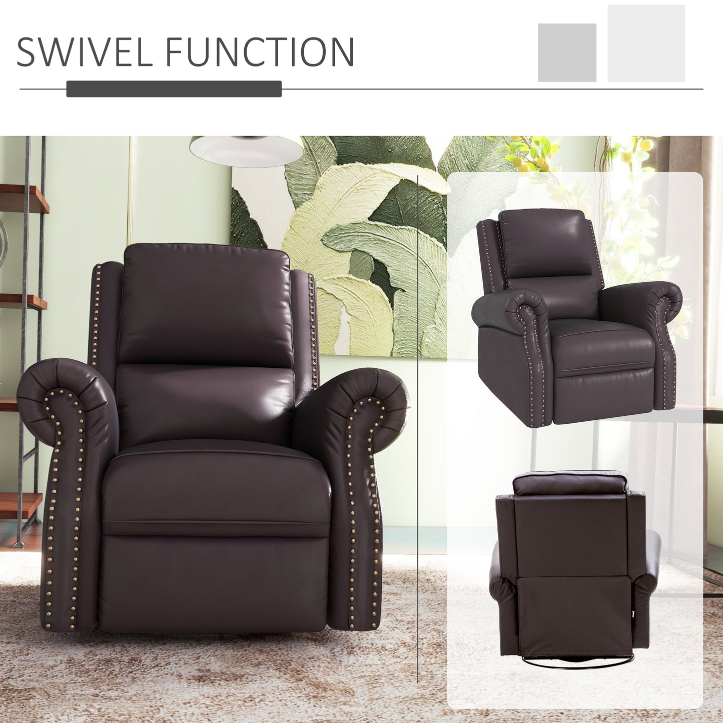 Swivel Recliner Chair, Reclining Sofa, PU Leather Rocker with Thick Padded Back and Seat for Living Room, Brown Single Sofas   at Gallery Canada