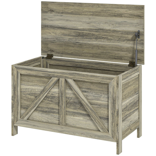 Storage Trunk Box Organizer with Farmhouse Panel, Safety Hinge to Open Up 100°, Grey Wood Grain