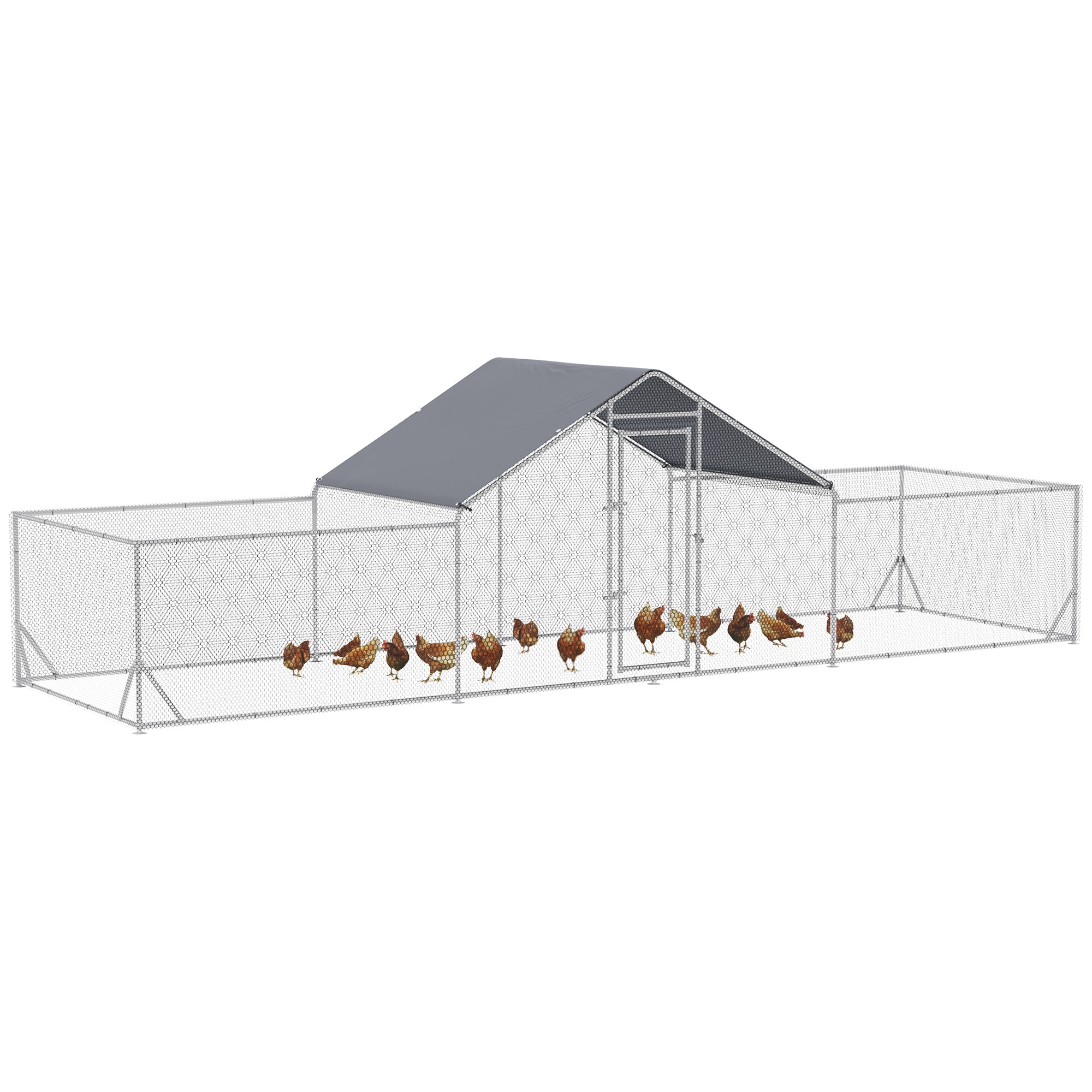 Chicken Run, 23' x 6.6' Metal Chicken Coop with Waterproof and Anti-UV Cover, Spire Roof, Door, for 12-14 Chickens, Ducks, Rabbits, Sliver Chicken Coops Silver, Silver Grey at Gallery Canada