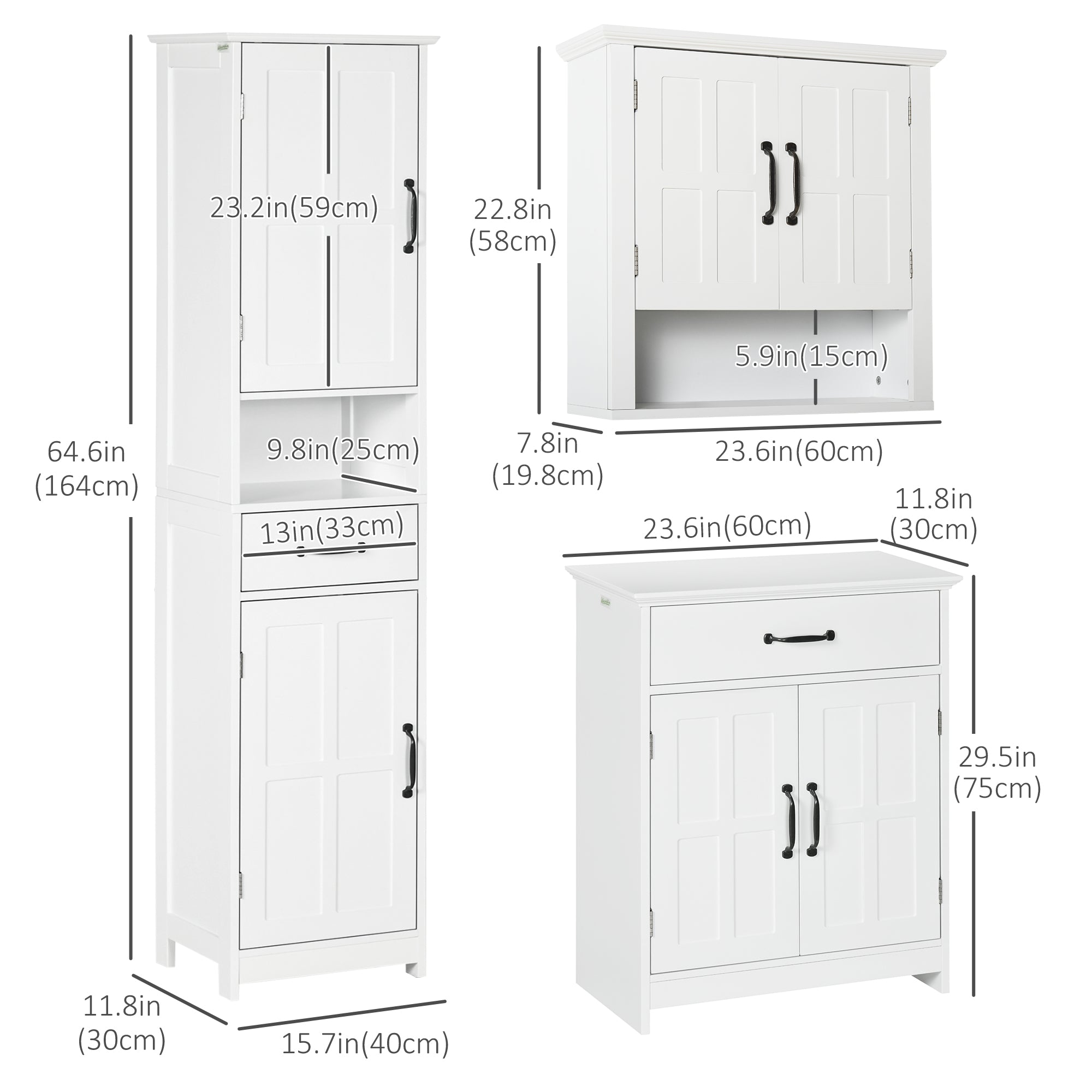 Modern 3-Piece Bathroom Storage Set: Tall, Small Cabinets & Medicine Cabinet, White Storage Cabinets   at Gallery Canada