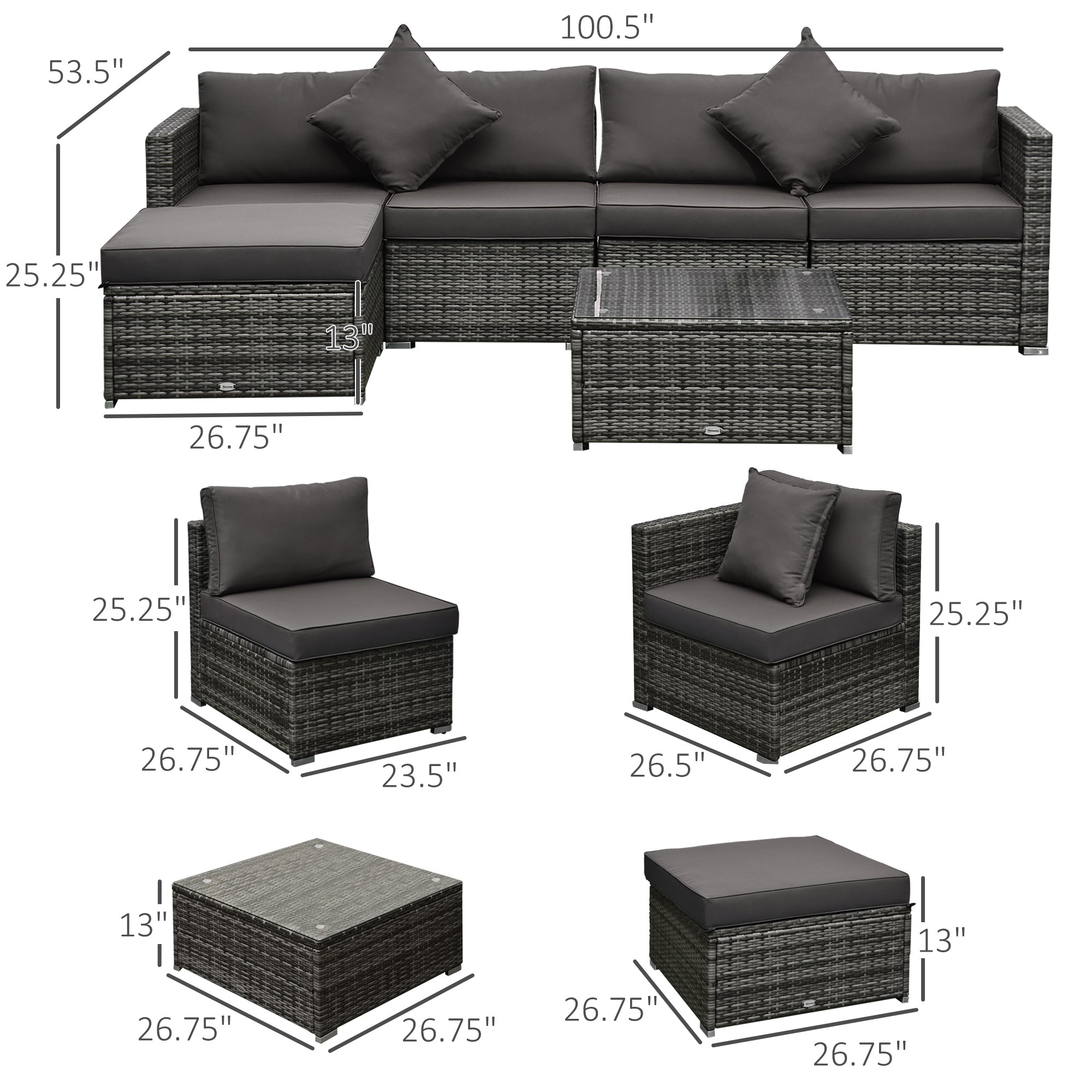 6 Pieces Outdoor PE Rattan Wicker Patio Furniture Sofa Set with Thick Cushions, Deluxe Garden Sectional Couch with Glass Top Table, Mixed Grey and Charcoal Patio Furniture Sets at Gallery Canada