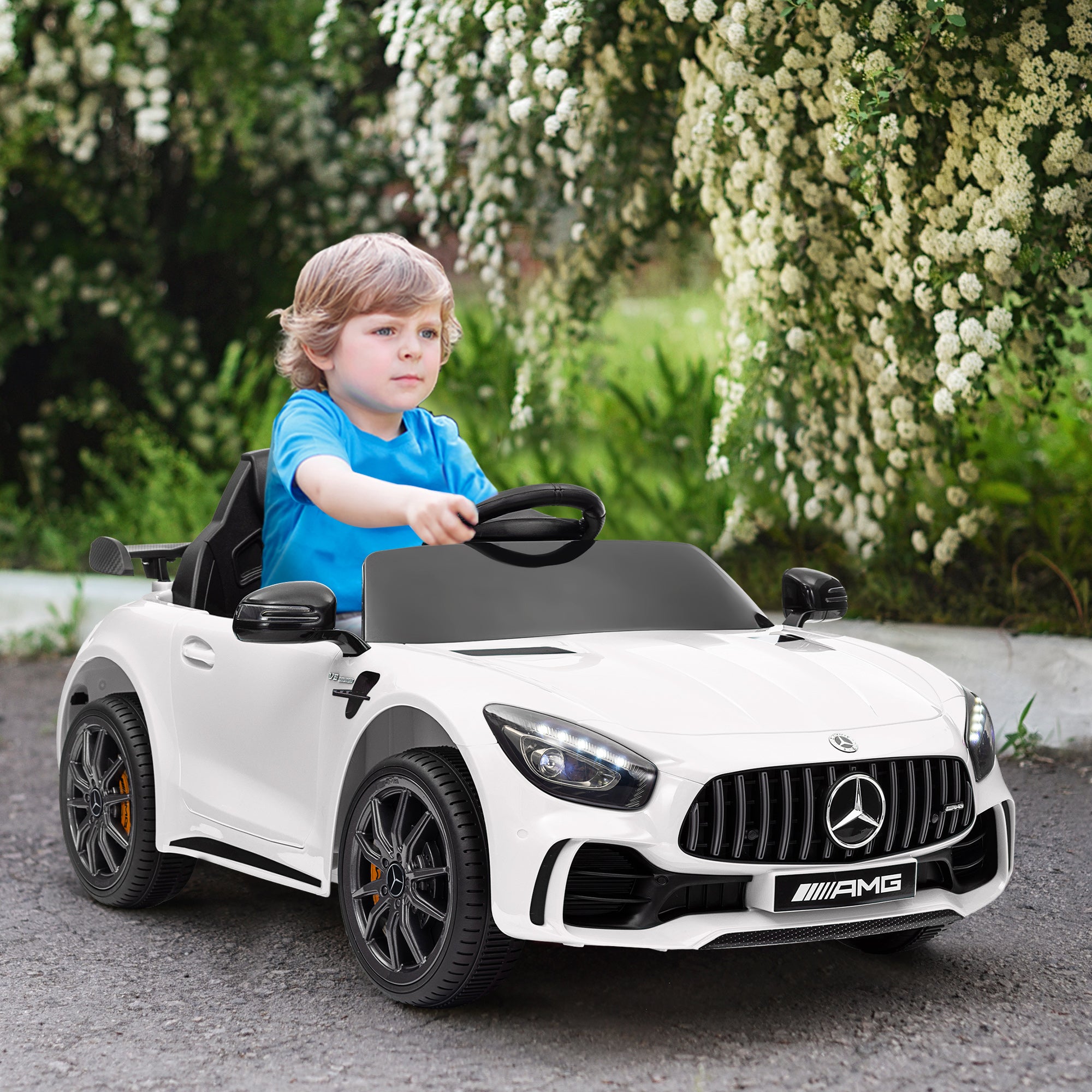 Mercedes-Benz AMG GTR Licensed 12V Battery Powered Kids Electric Car w/ Remote, Soft Start, Lights, Music Horn White Electric Toy Cars   at Gallery Canada