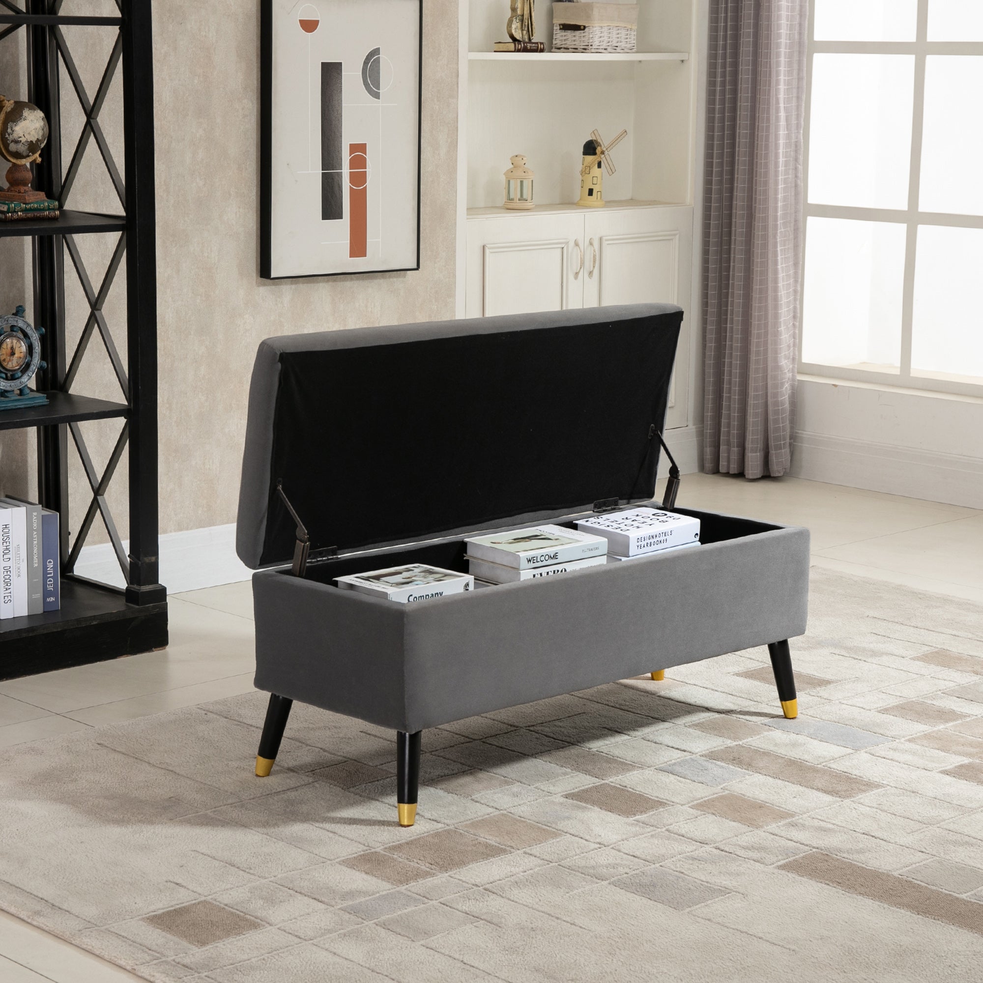 Ottoman Bench with Storage, Velvet Footrest Shoe Bench with Hinged Lid, Lift Top Bed Bench for Entryway Living Room, Charcoal Grey Storage Ottomans & Benches at Gallery Canada