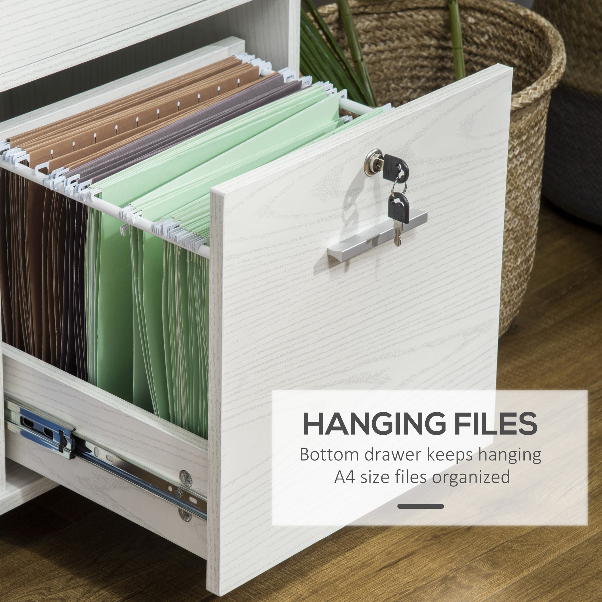 Lateral Filing Cabinet with Wheels, Locking File Cabinet, Mobile Printer Stand with Open Shelves and Drawers for A4 Size Documents, White Office Cabinets & Cupboards at Gallery Canada