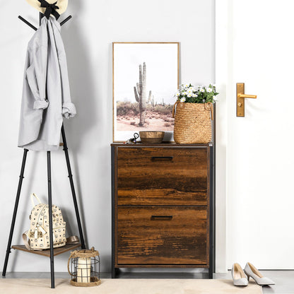 Rustic Brown Slim Shoe Cabinet with 2 Flip Doors, 2 Drawers, and Open Compartment Shoe Storage Cabinets & Racks   at Gallery Canada