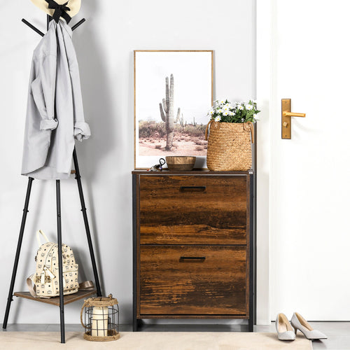 Rustic Brown Slim Shoe Cabinet with 2 Flip Doors, 2 Drawers, and Open Compartment