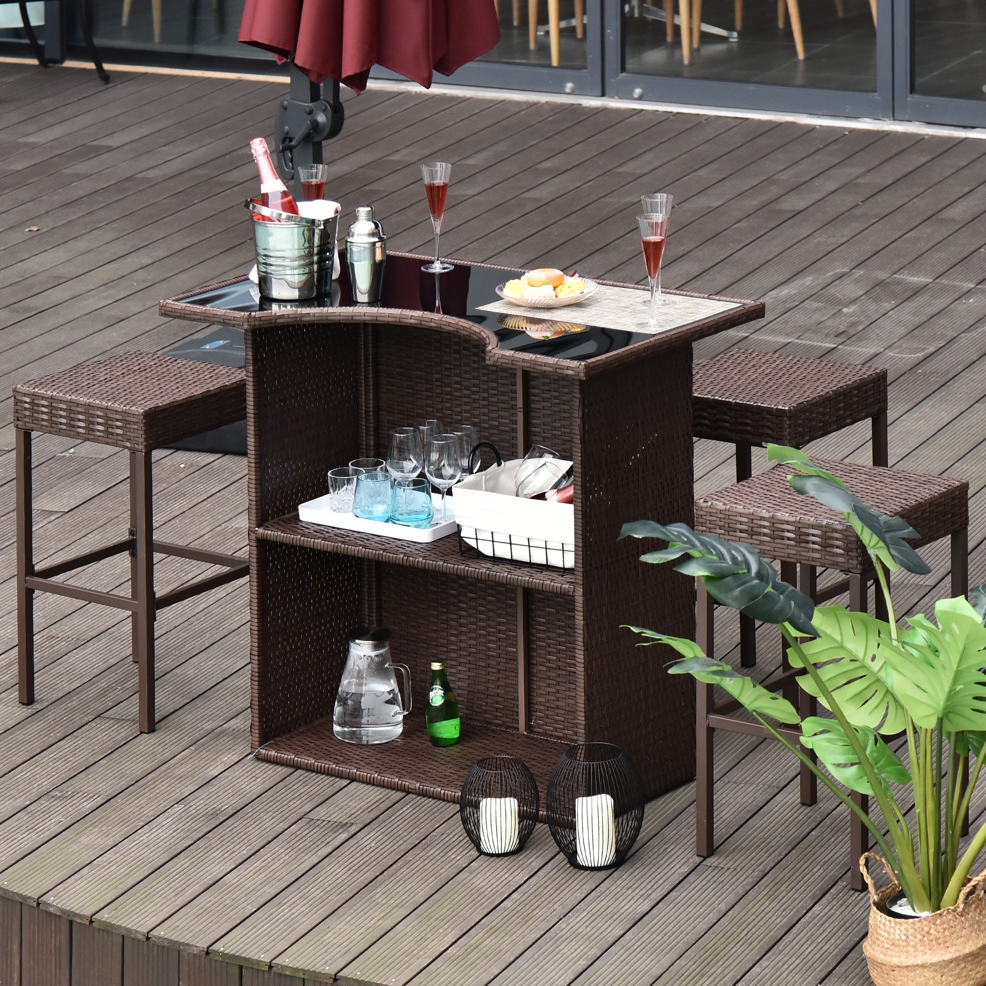 5 Pieces Patio Bar Set, Outdoor PE Rattan Wicker High Top Outdoor Table and Chairs Outdoor Bar Set with Tempered Glass Top Bar Table and Shelves, 4 Bar Chairs, Dark Brown Bistro Sets at Gallery Canada