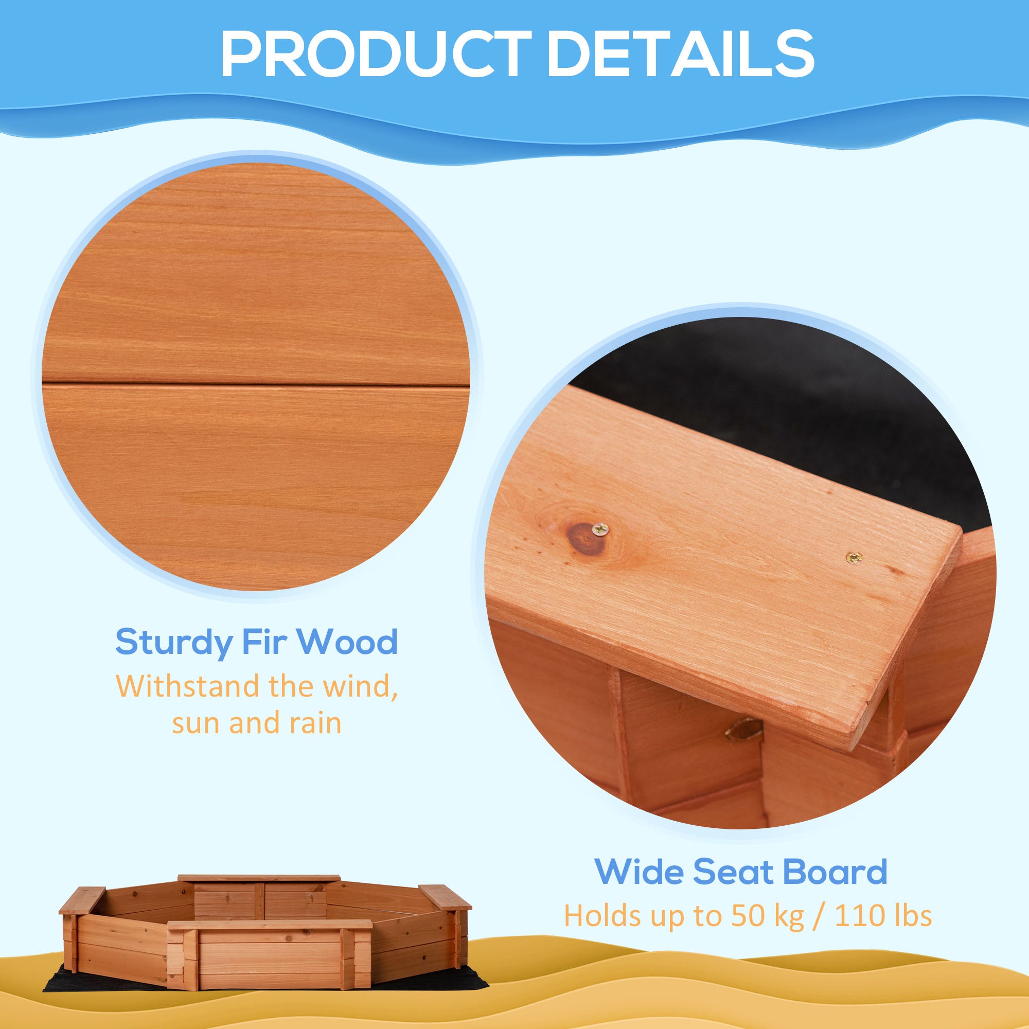 Kids Sandbox with Cover and Seat, Outdoor Children Sand Playset for Backyard, Boys and Girls, Red, 55