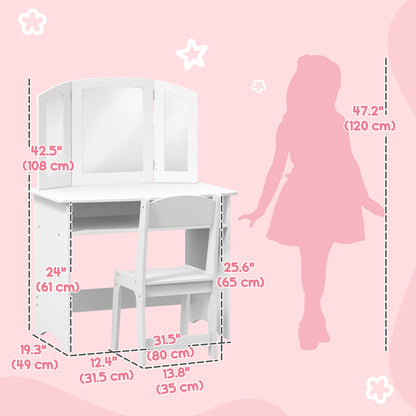 2 in 1 Kids Vanity Set Makeup Dressing Table Pretend Play Set with Tri-Folding Mirror, Stool, Storage Shelf Toy Vanity White  at Gallery Canada