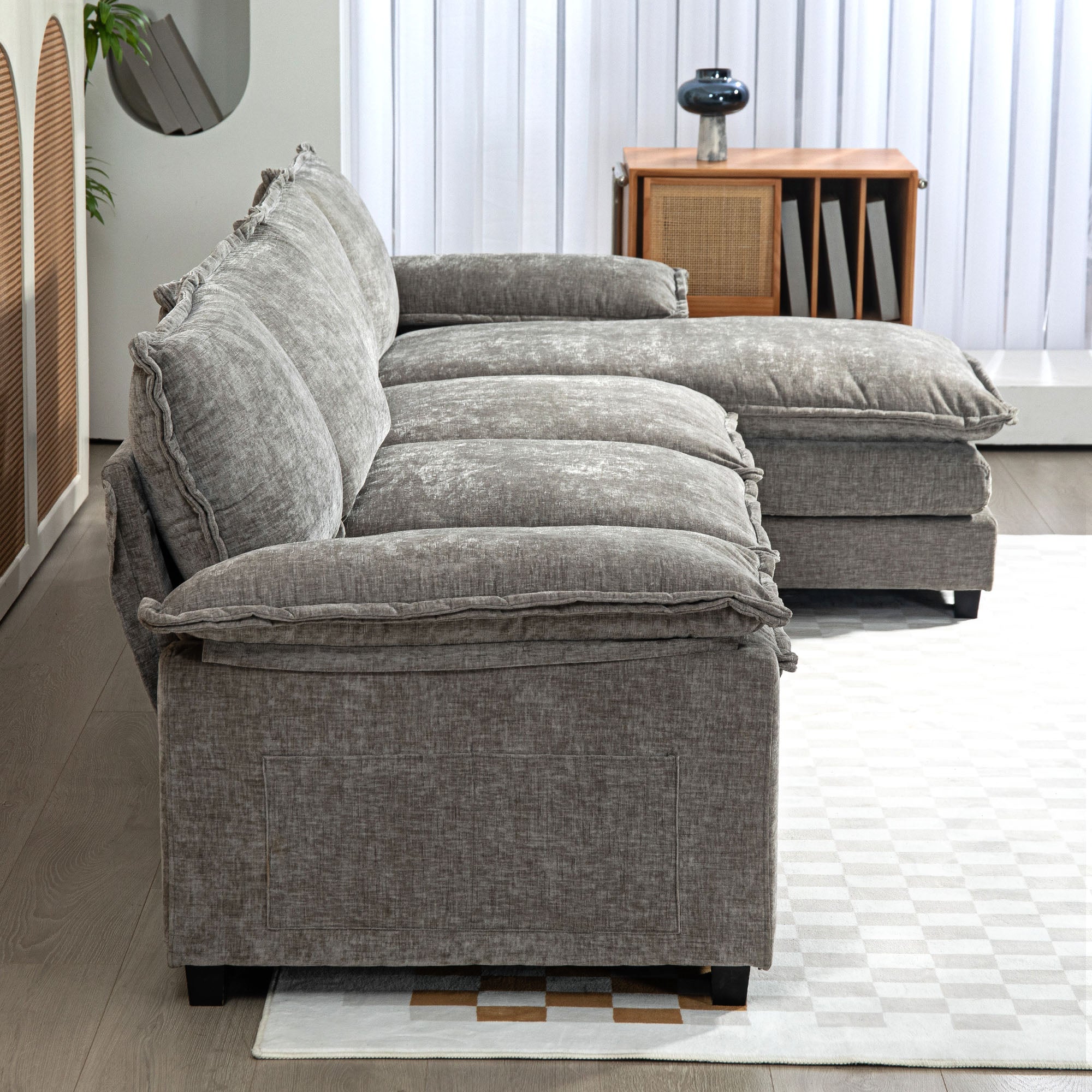 Sofa Couch with Chaise Lounge, Chenille L-shaped Couch with Double-layer Seat Cushion for Living Room, Grey Sofas & Reclining Chairs at Gallery Canada