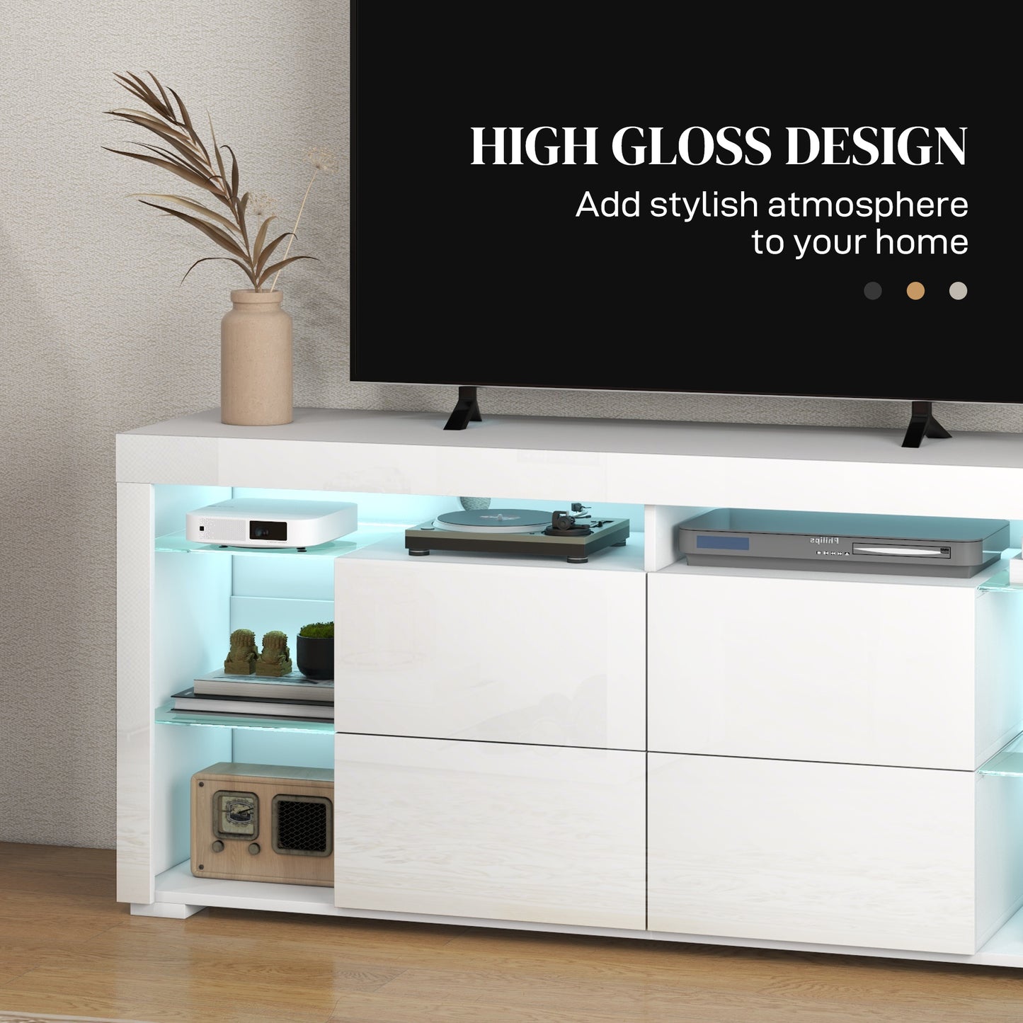 TV Stand with LED Lights for TVs up to 55", High Gloss TV Cabinet with Flip Doors and Glass Shelves, White TV Stands   at Gallery Canada