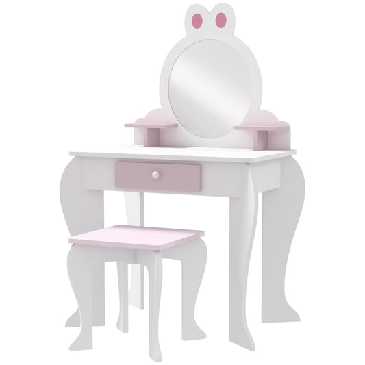 Kids Makeup Vanity Set with Stool, Mirror, Drawer, Storage Boxes, Rabbit Design, White Toy Vanity Pink and White  at Gallery Canada