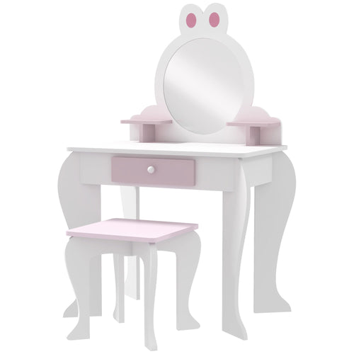 Kids Makeup Vanity Set with Stool, Mirror, Drawer, Storage Boxes, Rabbit Design, White