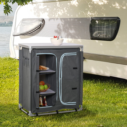 Aluminum Camping Table, Camping Kitchen Station Cook Cupborad with 3-Shelf, Storage Organiser for BBQ Party Picnic Grey