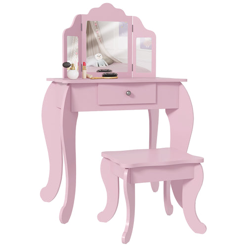 Kids Vanity Table and Stool, Makeup Vanity Girls Dressing Table Set with Tri-folding Mirrors Drawer Star and Heart Pattern, Pink