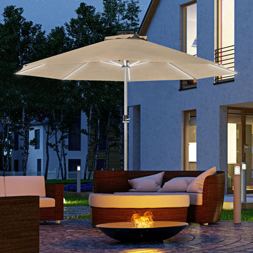 LED Patio Umbrella, Lighted Deck Umbrella with 4 Lighting Modes, Solar &; USB Charging, Khaki