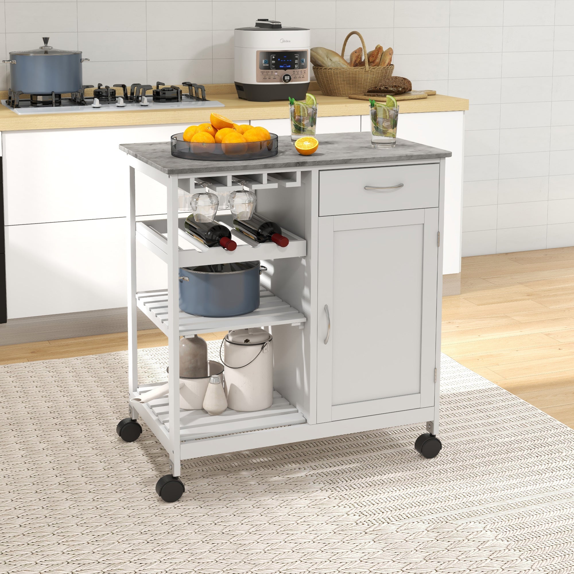 Rolling Kitchen Cart, Bar Cart on Wheels with Wine Rack, Drawer, Open Shelves, Cabinet and Faux Marble Top, Kitchen Island with Storage, White Kitchen Islands & Kitchen Carts   at Gallery Canada