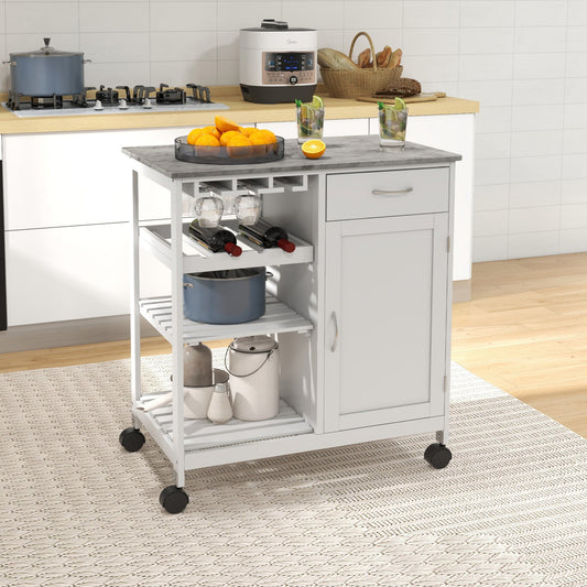 Rolling Kitchen Cart, Bar Cart on Wheels with Wine Rack, Drawer, Open Shelves, Cabinet and Faux Marble Top, Kitchen Island with Storage, White Kitchen Islands & Kitchen Carts White  at Gallery Canada