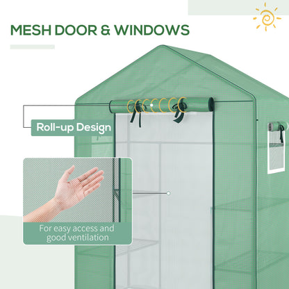 Walk-in Mini Greenhouse with Mesh Door &; Windows, Portable Garden Green House with 3 Tier Shelves, Water &; UV Resistant PE Cover, Green Walk In Greenhouses   at Gallery Canada